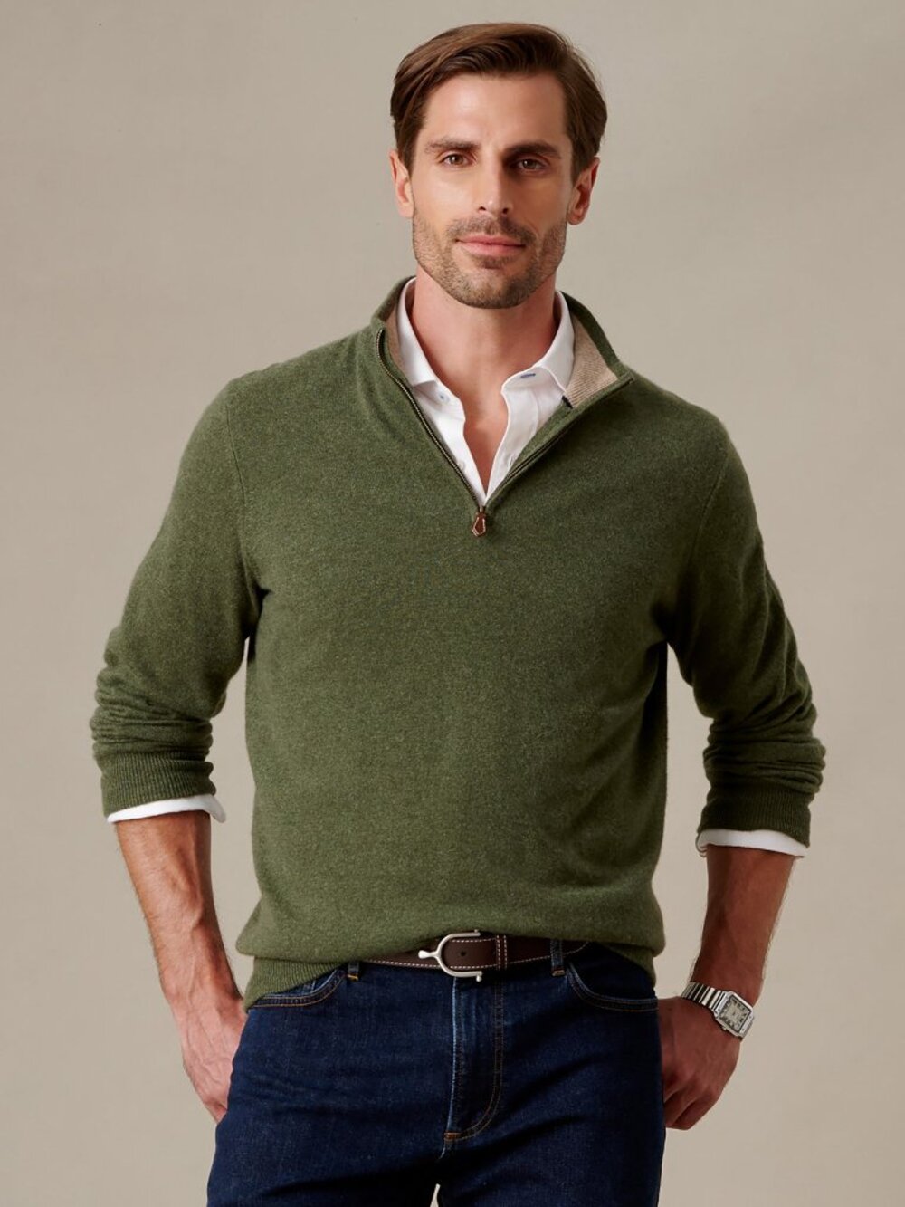 J McLaughlin Twain Cashmere 1/4 Zip - Heather Olive NEW